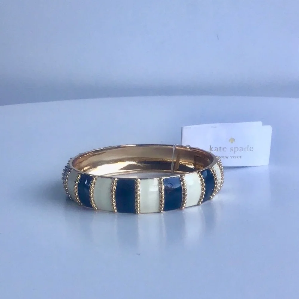 Kate Spade Gold, white ivory and Navy Striped beaded Bracelet chunky bangle - Picture 2 of 16